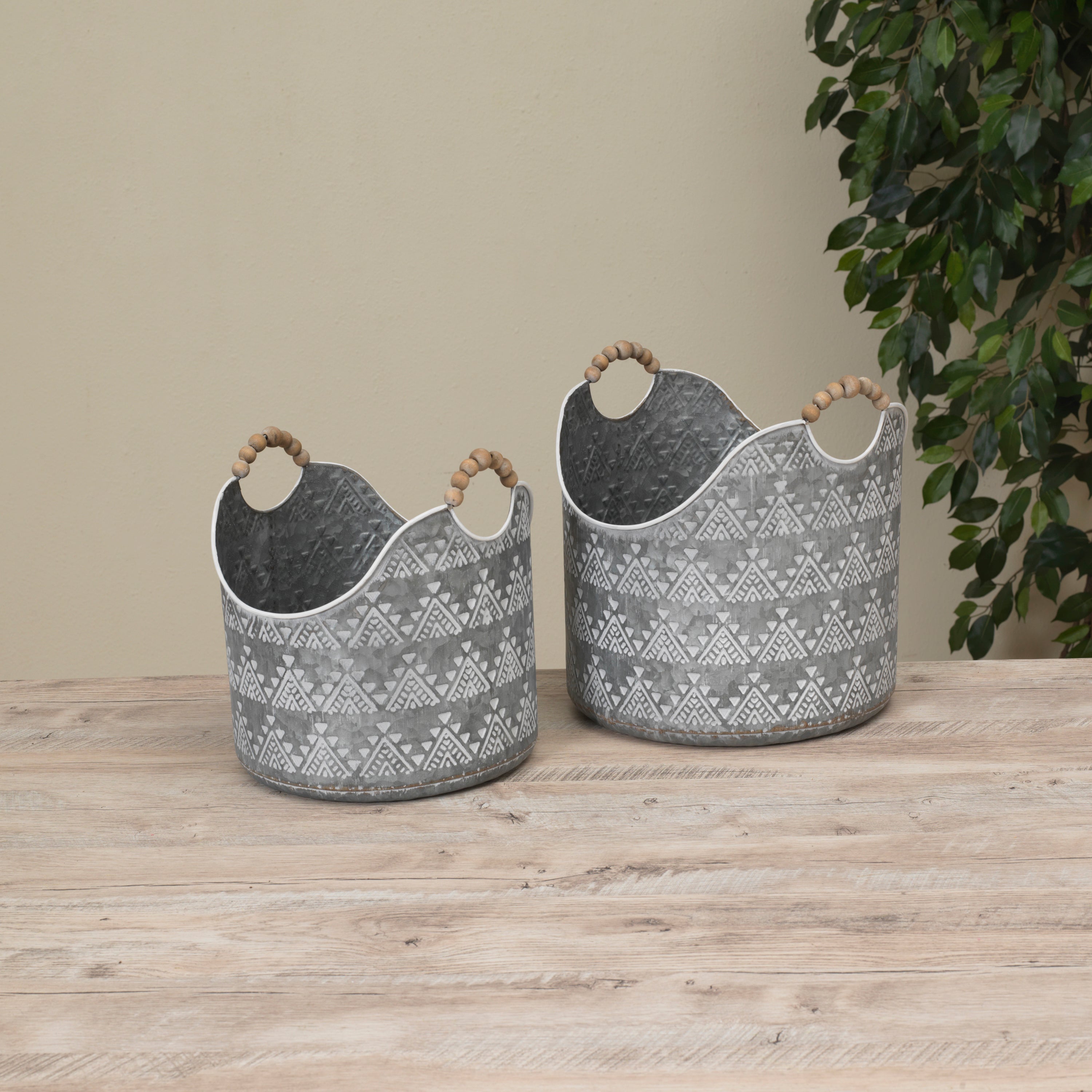 Set of 2 Rustic Metal Buckets with Wood Bead Handles